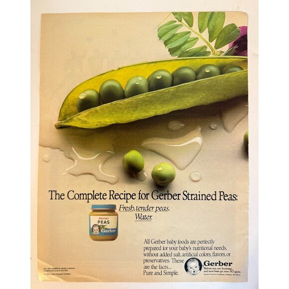 Vintage 1986 Gerber Peas Baby Food Complete Recipe Advertisement Print Ad - Picture 1 of 2